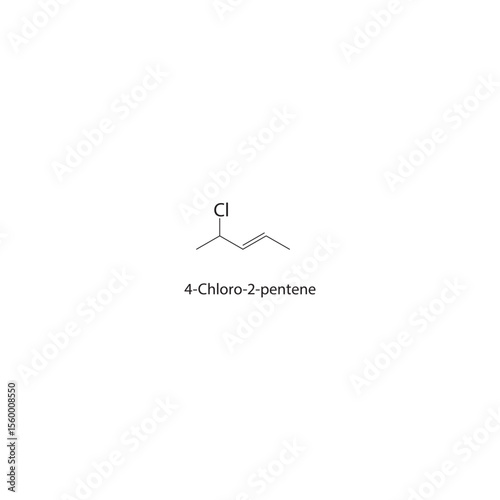 4-Chloro-2-pentene skeletal structure. Halogenated alkene compound schematic illustration. Simple diagram, chemical formula.