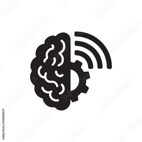 A stylized black and white image depicting a brain, gear, and radiating lines icon