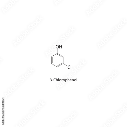3-Chlorophenol skeletal structure. Halogenated phenol compound schematic illustration. Simple diagram, chemical formula.