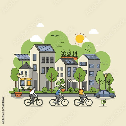 The skyline is filled with modern buildings, and the city is powered by renewable energy, as evidenced by the wind turbines and solar panels. 