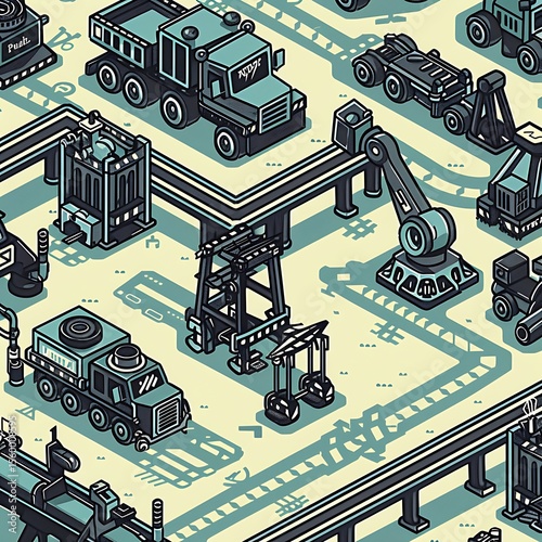 Isometric automated factory illustration with robotic arms and conveyor belts industrial design