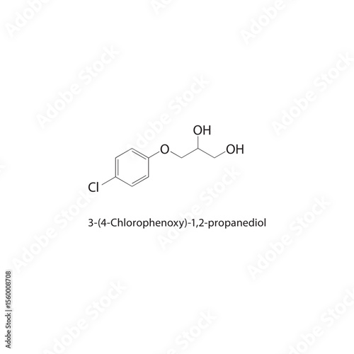 3-(4-Chlorophenoxy)-1,2-propanediol skeletal structure. Halogenated aryl ether alcohol compound schematic illustration. Simple diagram, chemical formula.