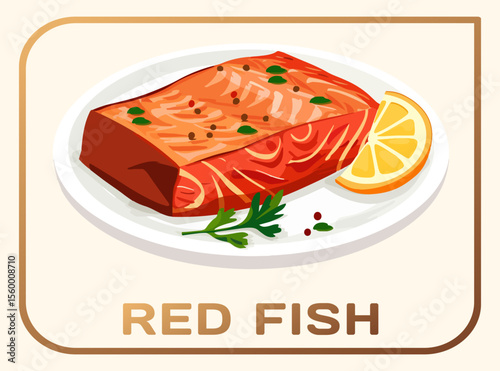 Cartoon Vector Icon of a Fresh Salmon Fillet Isolated on beige background. Delightful illustration of a single, fresh red fish fillet. Perfect for menus, seafood restaurant websites, or any design