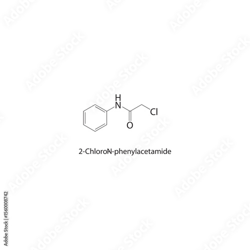 2-Chloro-N-phenylacetamide skeletal structure. Halogenated acetanilide compound schematic illustration. Simple diagram, chemical formula.