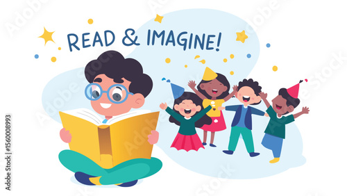Boy reading a book with read and imagine text and children celebrating in the background illustration