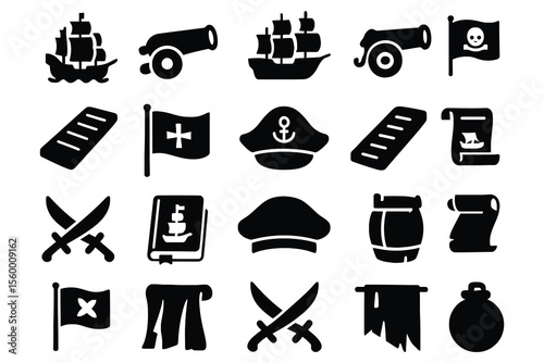 Collection of pirate themed icons including ships cannons flags and swords isolated on white background