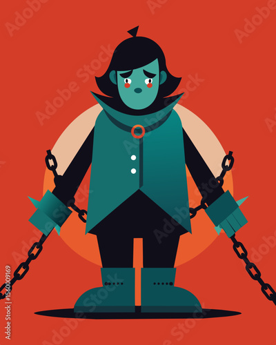 A character in a dystopian world covered in invisible chains that are a manifestation of the oppressive government and their restrictive rules.. Vector illustration