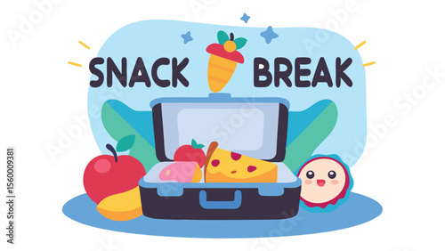 Illustration of a lunchbox with an apple, slice of pizza, and other snacks with snack break text above it