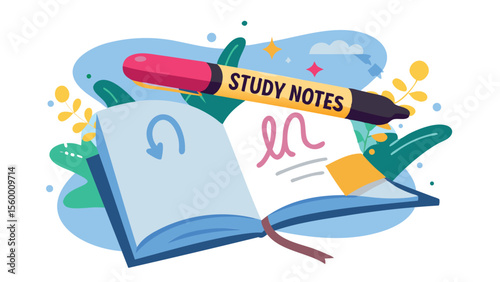 Illustration of an open book with a marker labeled study notes and decorative elements around it
