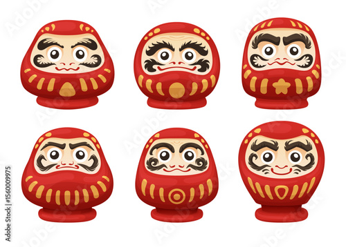 A set of Japanese Daruma dolls that feature unique facial expressions and decorations that symbolize good luck and fortitude, reflecting Japanese cultural beliefs and art.