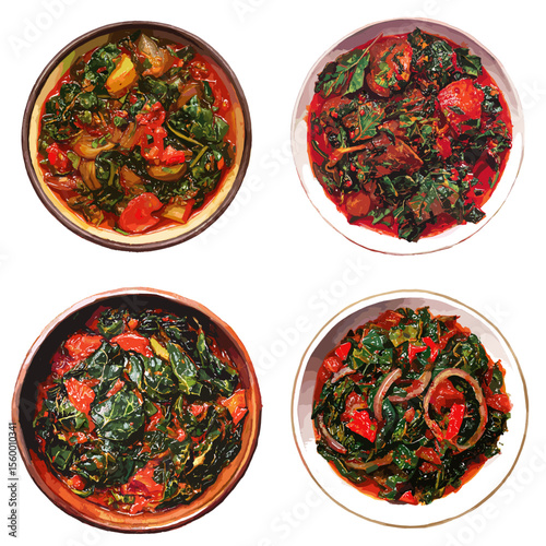 Illustration of African-style vegetable stew with leafy greens, tomatoes, and onions in a spicy sauce—great for ethnic cuisine, vegan meals, and healthy food content.

