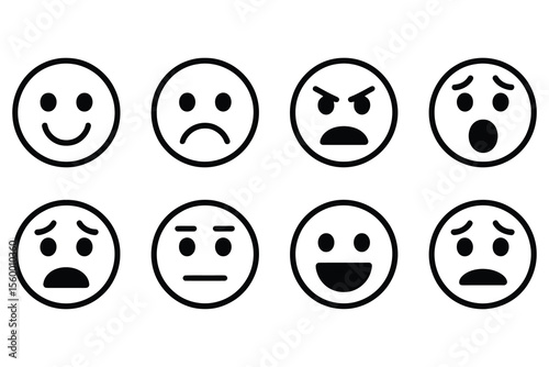 Collection of eight different emoji faces showing various emotions isolated on white background