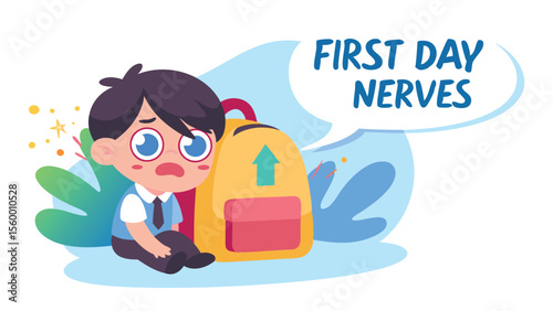 Illustration of a nervous boy with a backpack thinking about first day nerves in a speech bubble