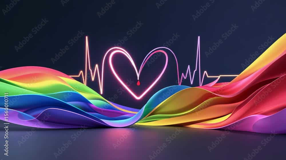 Opening stage, neon ECG line and rainbow ribbon wave undulating pulsing shaping neon heart shape