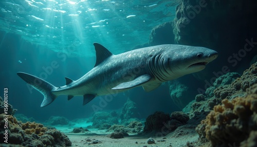 Shark swimming underwater in coral reef environment