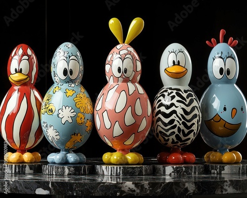 Colorful stylized bird figurines