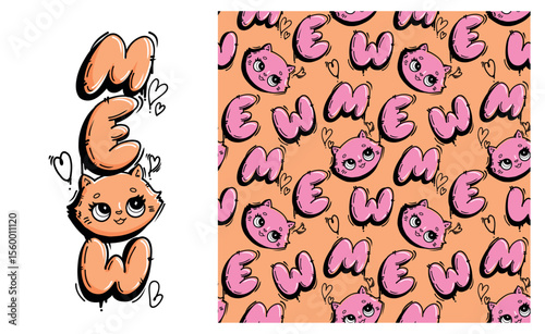 Vertical t-shirt print and seamless pattern with the word "MEOW", cute pink cat face as the letter. Hand-drawn graffiti bubble style lettering ornament for kids textile, wrapping paper