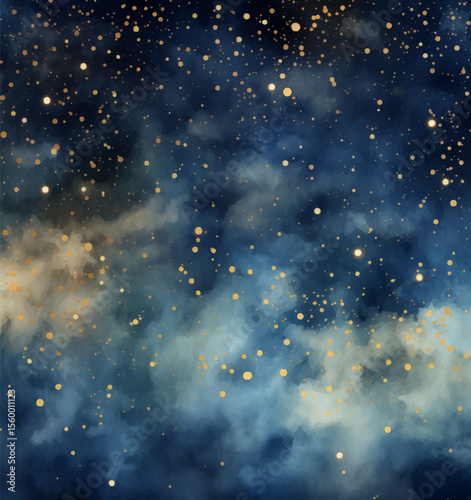 Watercolor Night Sky Vector Illustration. Vast night sky overflowing with stars. The background is a deep, inky blue with washes of purple and black. The stars are in a variety of sizes and shapes