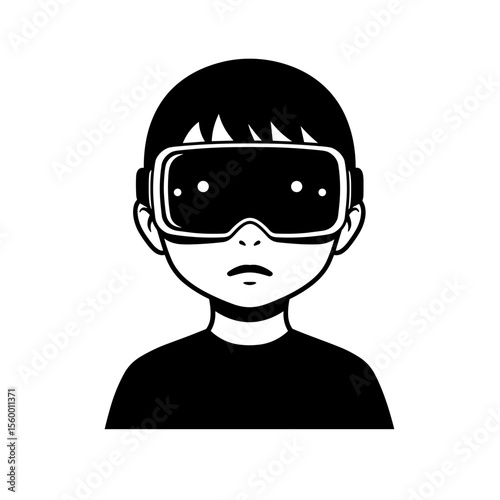 Child wearing virtual reality goggles looking focused at home  