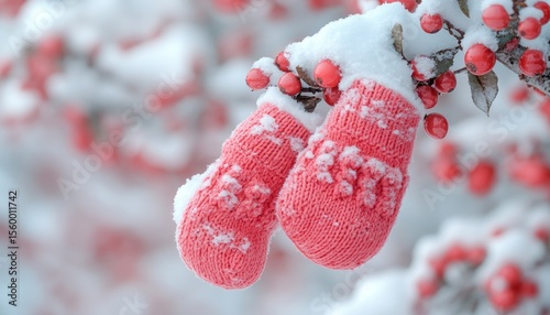 Pink knitted mittens covered in snow on a winter tree branch