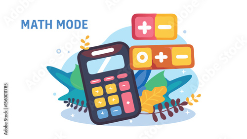 Illustration of a calculator with mathematical symbols and decorative leaves on a white background