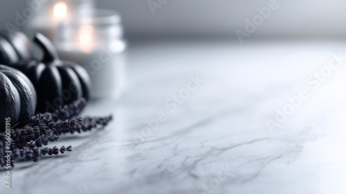 Black pumpkins and lavender on marble table