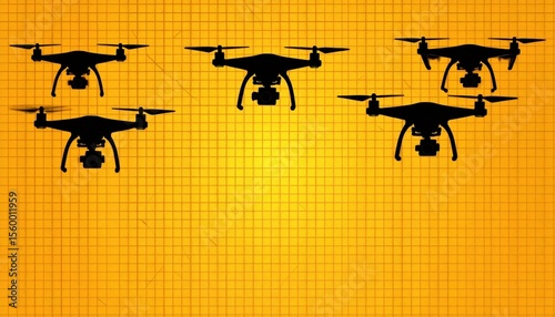 Four Drones with Propellers Flying Against a Bright Yellow Background