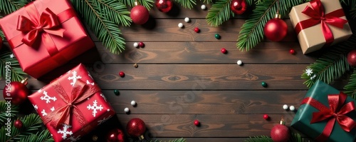 Assortment of beautifully wrapped gifts, bows, ornaments, snowflakes, wood background , presents, beautiful, festive