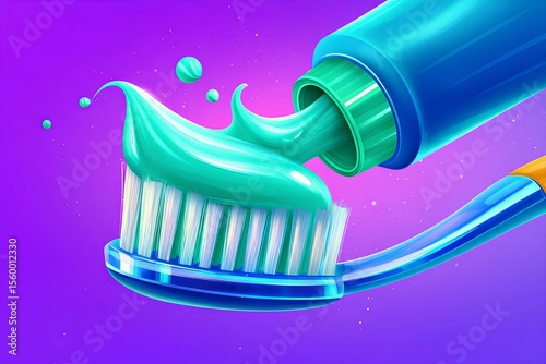 Fresh dental care moment captured - a minty blue toothpaste tube dispenses its contents onto a toothbrush against a purple background, creating bold contrast for oral hygiene visuals.