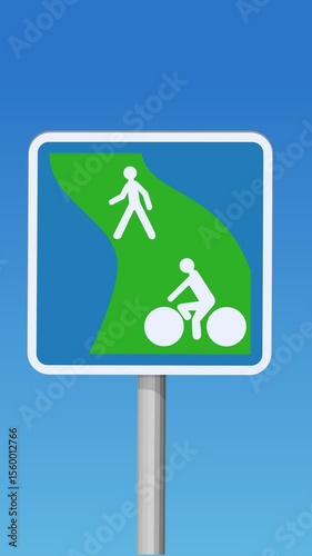 Animation of a sudden appearance of a green trail start sign with blue sky (portrait)