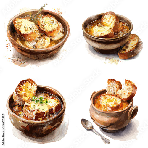 Rustic illustration set of French onion soup topped with cheesy toasted bread, served in ceramic bowls—ideal for cozy cooking and traditional comfort food visuals.

