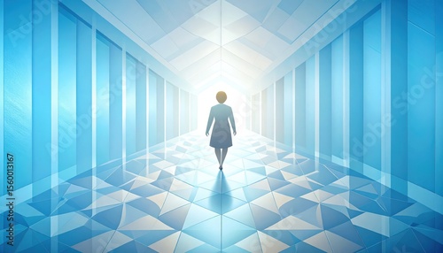 Person Walking Towards Light in Abstract Contemporary Space