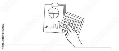 continuous one line art of Business Accounting Chart with Icons of several sheets of paper and calculator. development and profit in business income