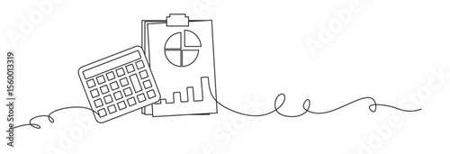 continuous one line art of Business Accounting Chart with Icons of several sheets of paper and calculator. development and profit in business income