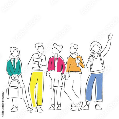 hand drawn line art vector of school kids standing together. Togetherness. Elementary kids.Back to school art. Importance of a Teacher bonding with kids.
