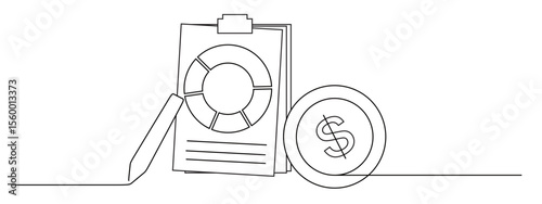 continuous one line art of Business Accounting Chart with Icons of some sheets of paper and pen and dollar coins. growth and profit in business income