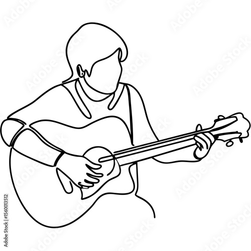 Teenager playing acoustic guitar. Line art illustration shows young person strumming six-string instrument.  Simple continuous line drawing of musician ideal for music website banners or posters.