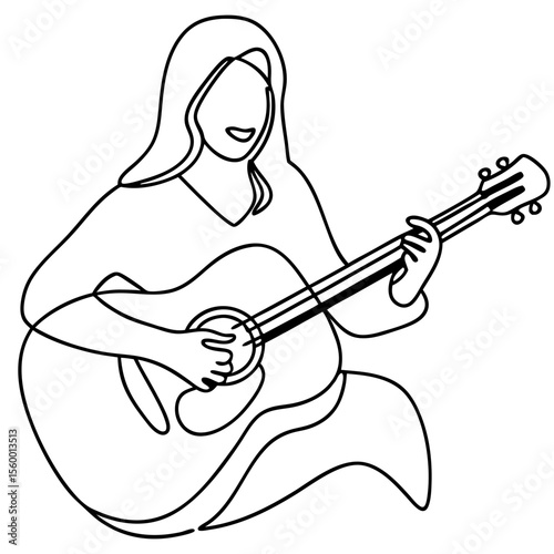 Woman playing acoustic guitar line art illustration.  Elegant female musician performing on six string instrument.  Simple line drawing of girl with long hair strumming chords.