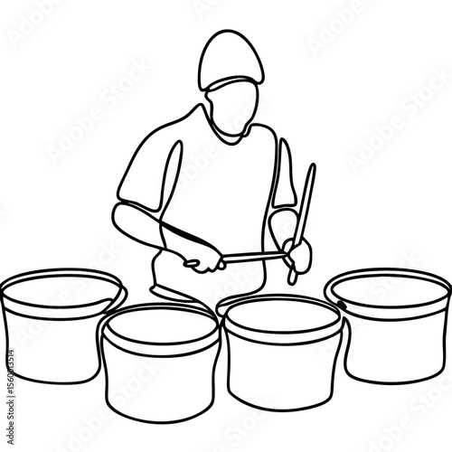 Street drummer playing bucket drums.  Talented musician performs on makeshift drums using buckets. Energetic street performer creates rhythmic music. This line art illustration is perfect for posters.