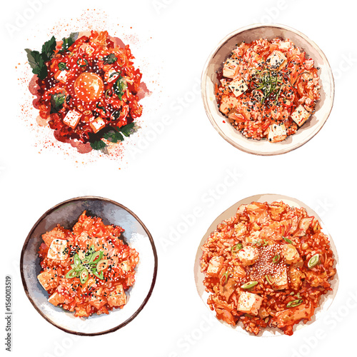 Tasty kimchi fried rice illustration with tofu cubes, sesame seeds, and scallions—bursting with Korean flavor and great for Asian food and spicy meal visuals.

