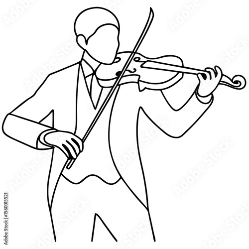 Concert violinist playing violin in elegant tuxedo. Musician in performance pose holds bow and plays string instrument. Line art illustration ideal for concert posters and music event invitations.