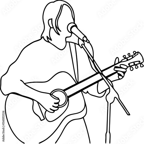 Singer songwriter with acoustic guitar line art illustration. Musician performing live on stage with microphone and guitar.