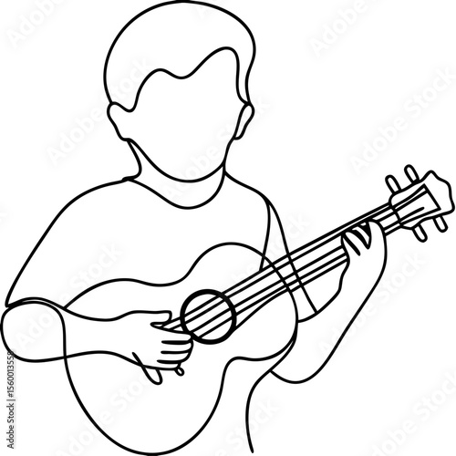 Boy playing ukulele. Line art illustration of child musician happily strumming ukulele.  Charming line drawing shows boy joyfully making music, perfect for children's music school brochures, posters.