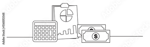 Continuous one line art of Business Accounting Chart with Icons of several sheets of paper and calculator and dollar bills. growth and profit in business income