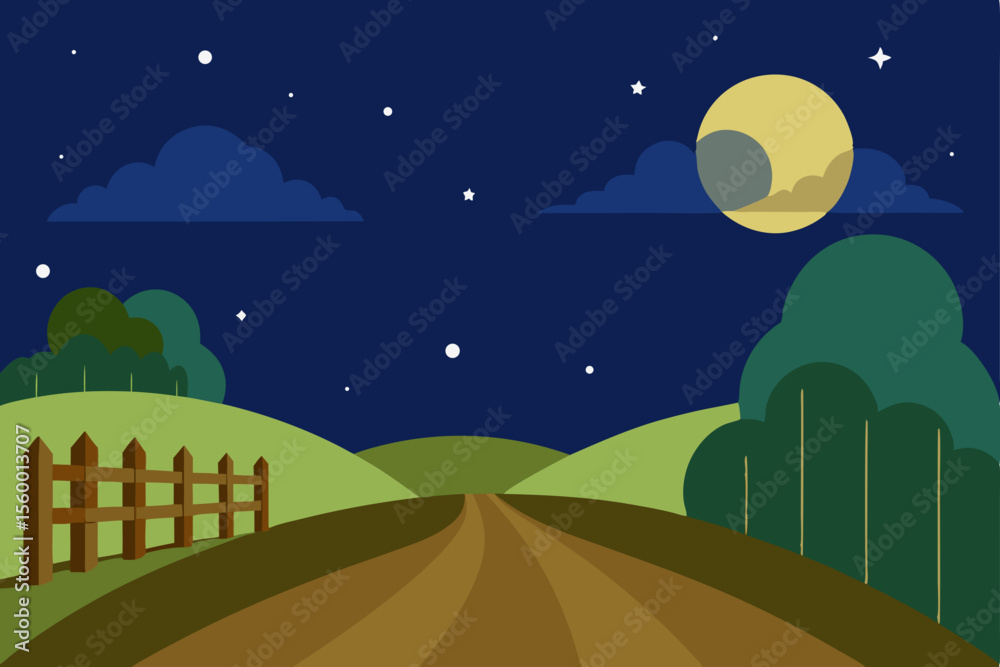 Fototapeta premium Serene Night Country Road Under Starlit Sky and Moon