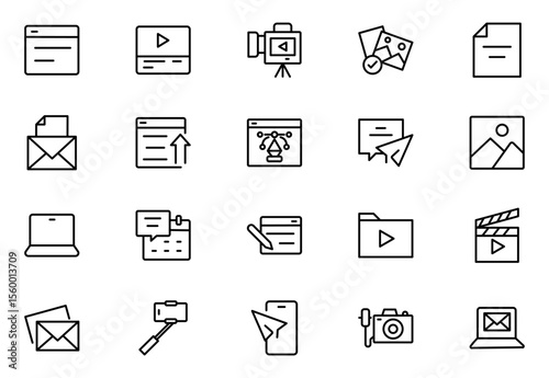 Blogging line icon set. Containing, influencer, content, creation, vlogger, social media, digital marketing, and community icons. Vector illustration.