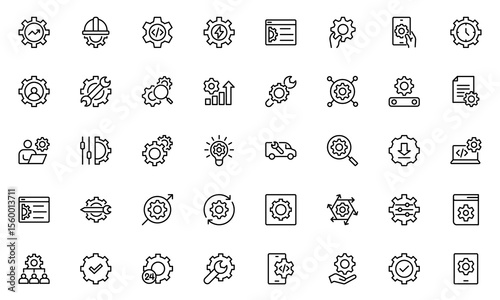 Setting and setup line icon set. UI icon set. Contains such icons as gear, adjustments, setup, preferences, options, controls, service, operation icons, and more. Vector illustration