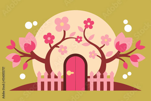 Enchanted Spring Cottage Blossoming Tree House Illustration