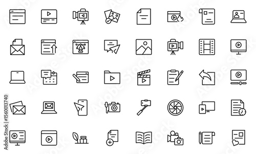 Blogging line icon set. Containing, influencer, content, creation, vlogger, social media, digital marketing, and community icons. Vector illustration.