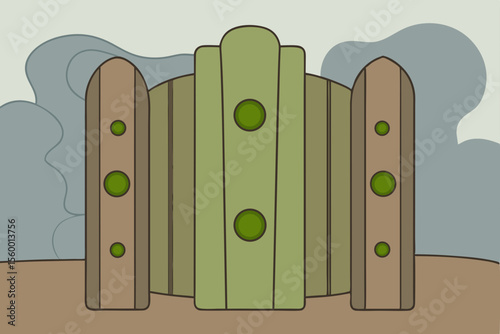 Mysterious Green Gate A whimsical illustration of a stylized garden entrance